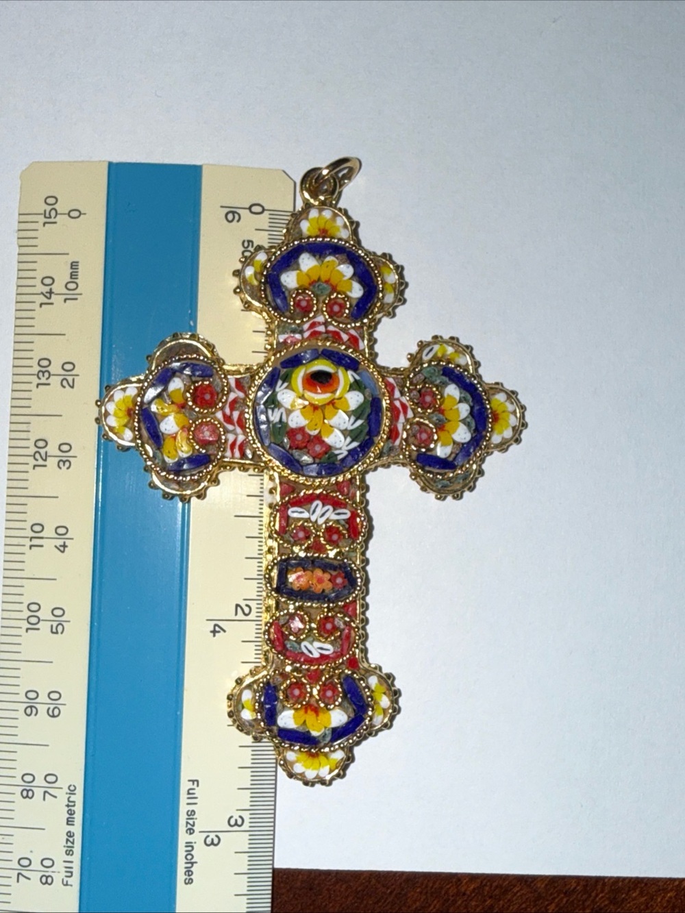 Vintage Italian Florentine Micro Mosaic Floral Cross Pendant - Picture 4 of 4